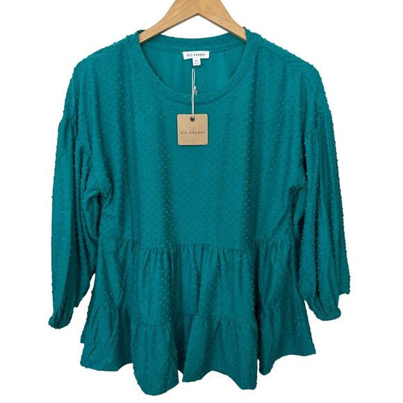 Blu Pepper Babydoll Blouse Teal Green Swiss Dot Tiered 3/4 Sleeve Medium Top New - Picture 1 of 5